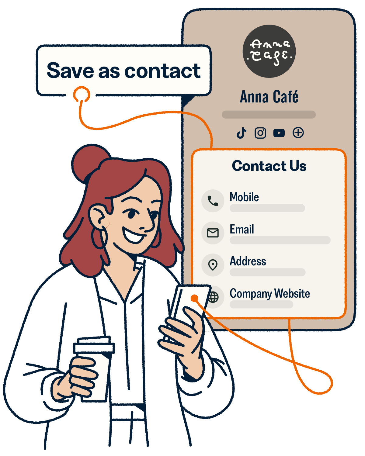 Woman drinking coffee and saving a Bitly digital business card as a contact on her phone