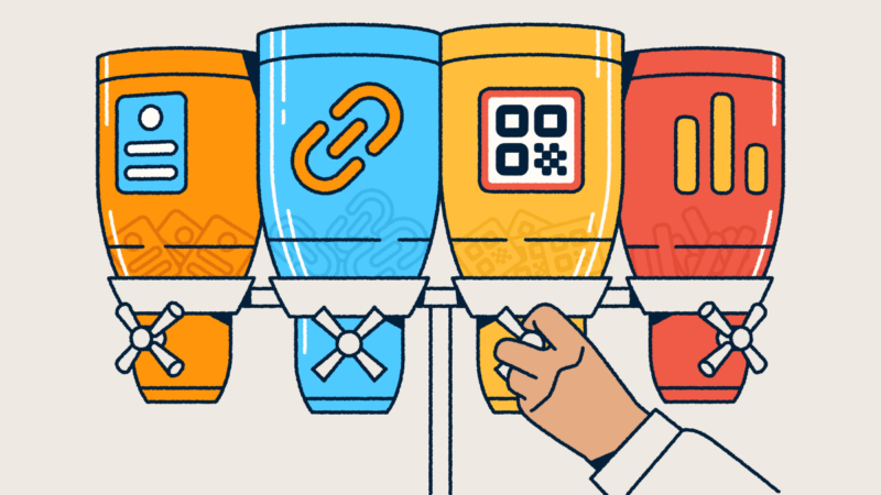 Four labeled dispensers representing Bitly's products—landing pages, short links, QR Codes, and analytics—with a hand selecting the QR Code option.