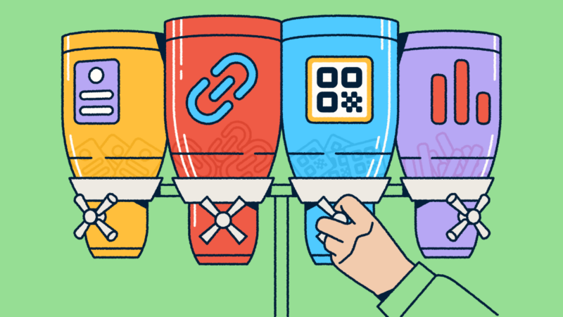 Four labeled dispensers representing Bitly's products—landing pages, short links, QR Codes, and analytics—with a hand selecting the QR Code option.