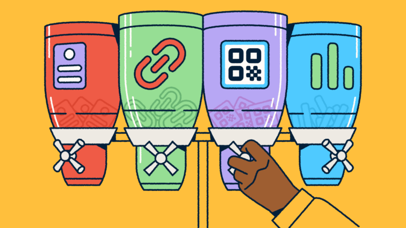 Four labeled dispensers representing Bitly's products—landing pages, short links, QR Codes, and analytics—with a hand selecting the QR Code option.