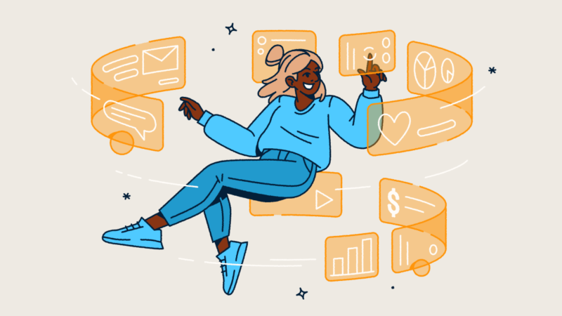 A woman floating in the air with screens swirling around her.