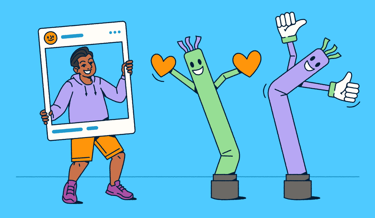 Engaging illustration of influencer marketing concept with a person holding a social media frame alongside animated inflatable tube characters with hearts and thumbs-up gestures, representing audience engagement, follower interactions, and the playful personality-driven nature of successful influencer campaigns.