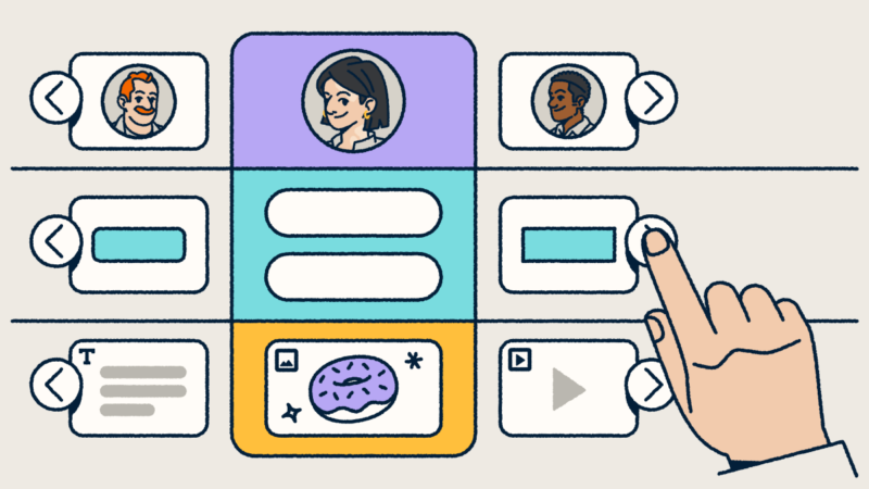 A customizable landing page selector with modules including profiles, buttons, text blocks, images, and video, with a hand selecting to build or edit a layout.