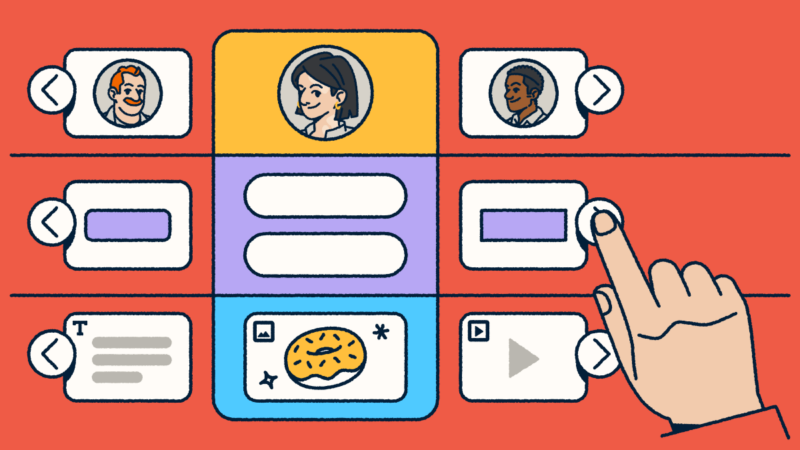 A customizable landing page selector with modules including profiles, buttons, text blocks, images, and video, with a hand selecting to build or edit a layout.