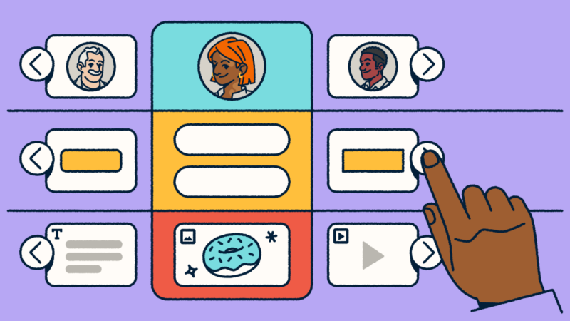A customizable landing page selector with modules including profiles, buttons, text blocks, images, and video, with a hand selecting to build or edit a layout.