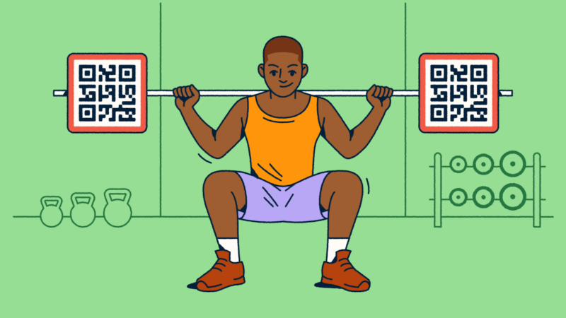 A person doing a squat with a barbell. The weights on the ends are QR Codes.