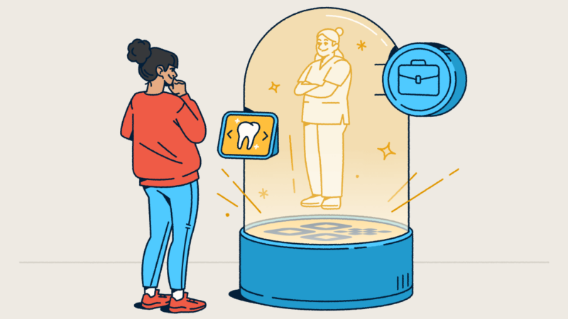 A person views a holographic figure inside a snow-globe-like container, emerging from a QR Code welcome mat. A screen allows the person to select a service.