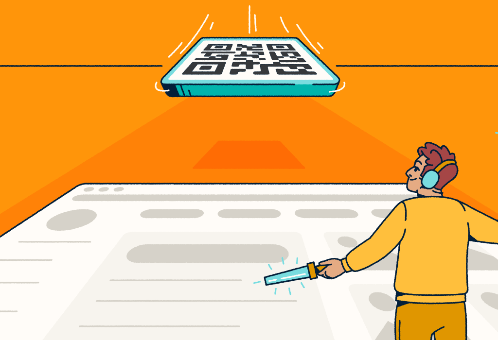 A person waving airport marshalling wands on a landing strip. They are guiding a QR Code to land.