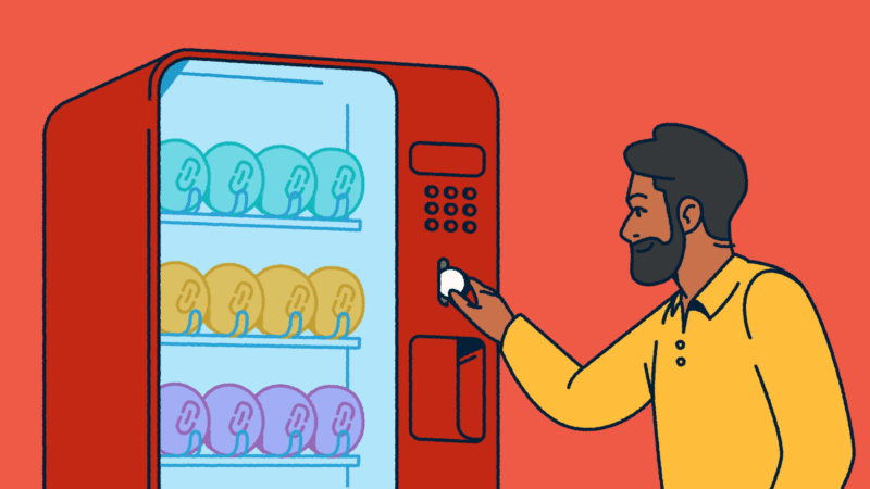 A man putting a coin into a vending machine full of various link shorteners.