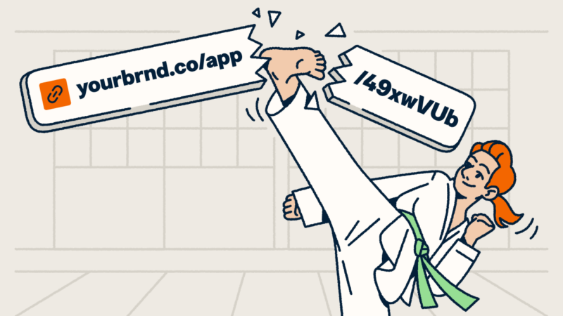 A martial artist breaking a long, generic URL with a high kick to reveal a custom branded short link.