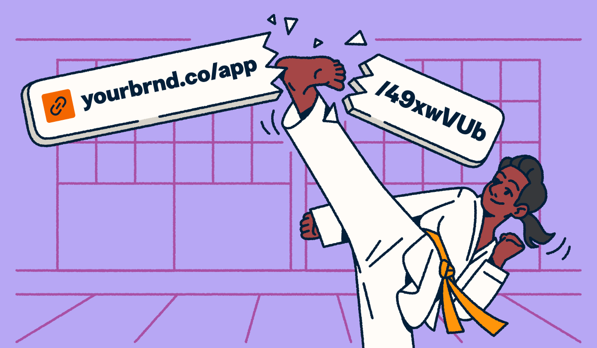 A martial artist breaking a long, generic URL with a high kick to reveal a custom branded short link.