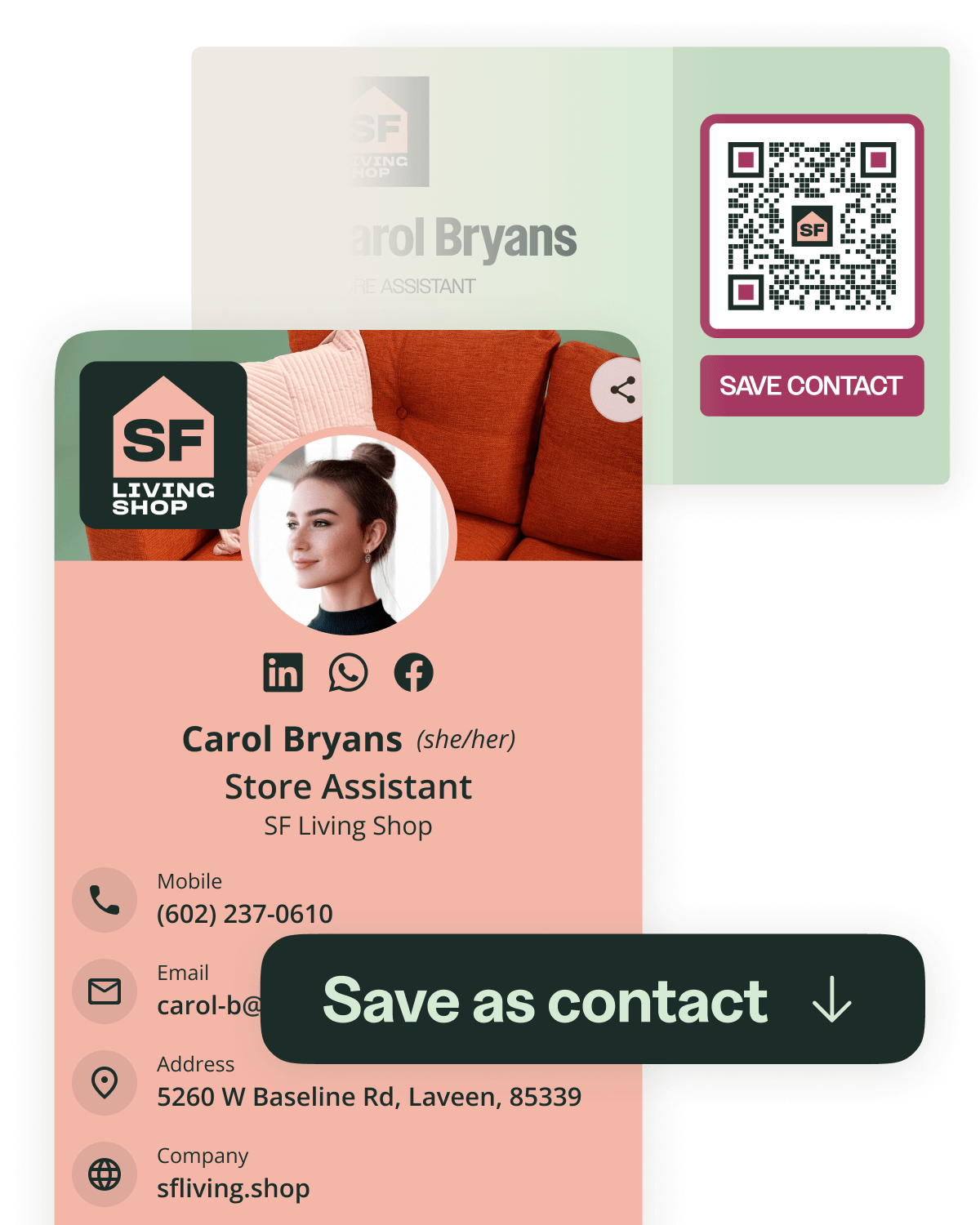 Bitly digital business card example with callout to save as contact
