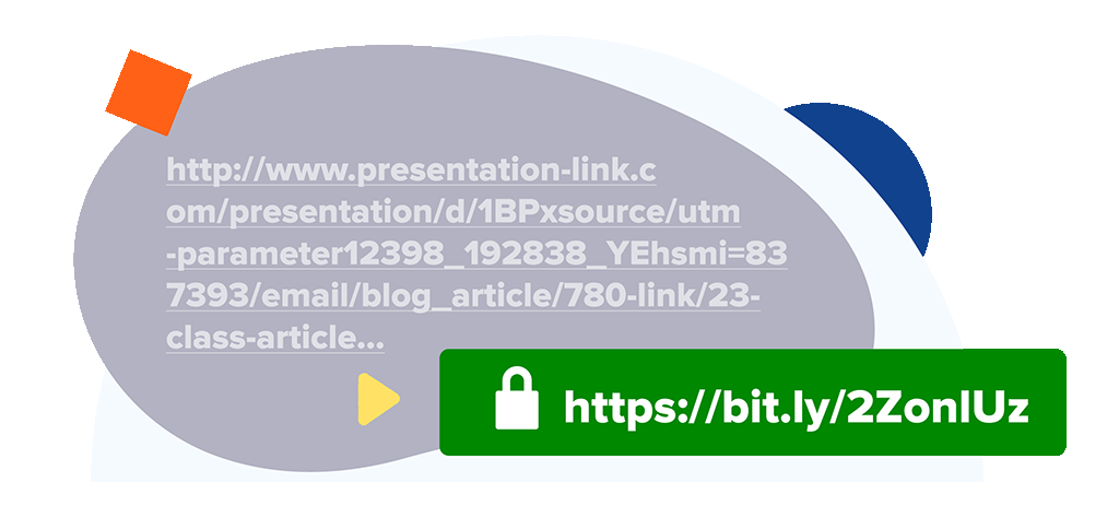 A graphic showing a very long URL condensed down into a short Bit.ly URL.